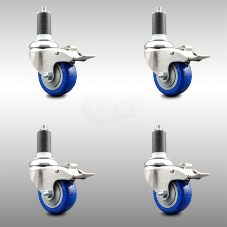 Service Caster 3.5 Inch 316SS Blue Poly Swivel 1-3/8 Inch Expanding Stem Caster Set Lock Brake SCC-SS316TTLEX20S3514-PPUBBLUE-138-4